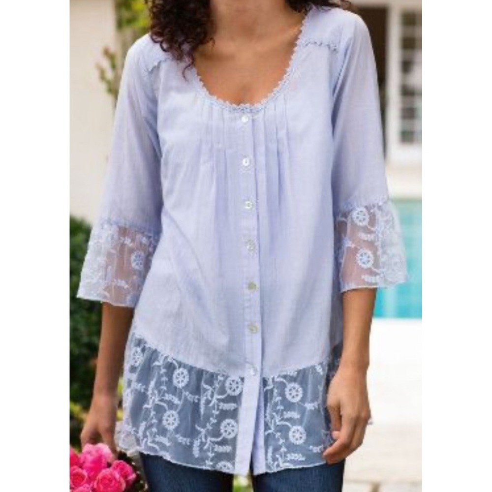 Soft Surroundings Silk Cotton Button Up Tunic Top L Sheer Lace Trim 3/4 Sleeve